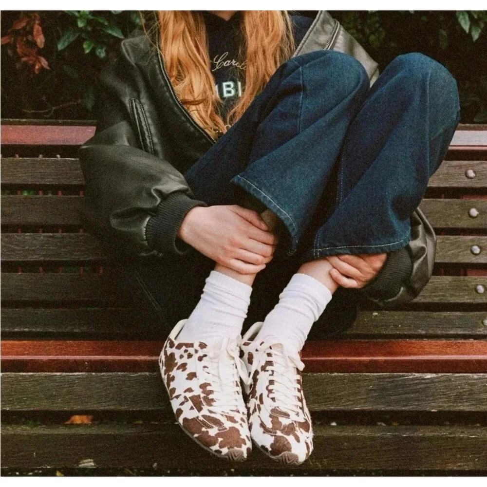 Zara White and Brown Cow Print Athletic Sneakers
